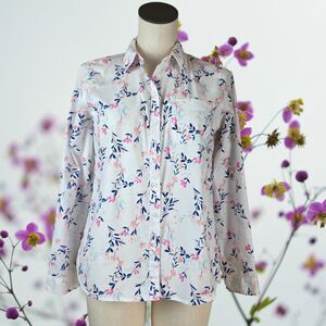 KOHLS White Pink Blue Floral Button Up Blouse Top Boho Roll Tab Cottagecore